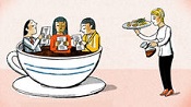 Illustration of scientists in many respective hole. One scientist reaches into another hoel and shakes another's hand