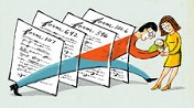 A man stepping through paperwork to get to a woman holding a baby