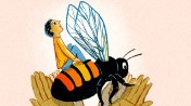 an illustration of hands holding a bee with a small person sitting on it