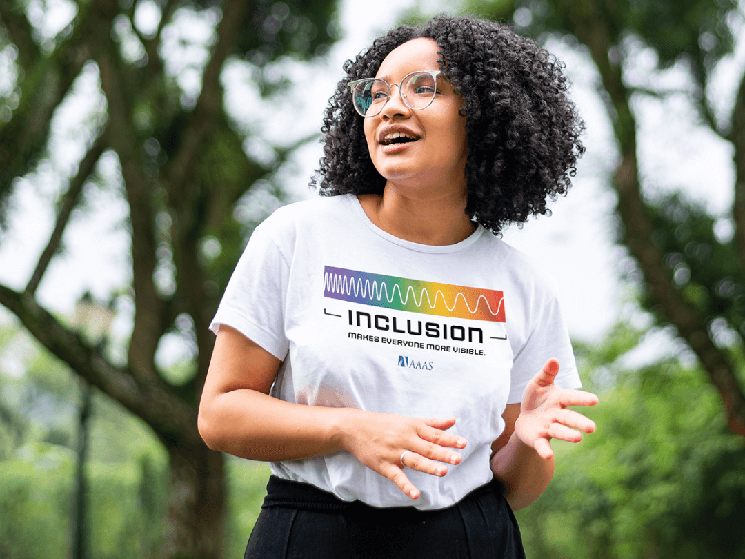 Woman wearing AAAS Pride Month T-shirt